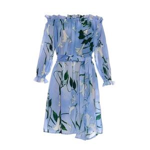 Isolda Off-shoulder Floral Blue Silk Dress